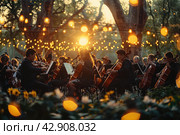 Orchestra with violins in the garden. Стоковое AI-изображение, AI-художник Анна Кривицкая / Фотобанк Лори