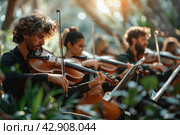 Orchestra with violins in the garden. Стоковое AI-изображение, AI-художник Анна Кривицкая / Фотобанк Лори
