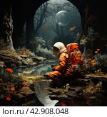 Astronaut in an orange spacesuit sitting on a stone near a pond in a mysterious forest. In the background rises a huge transparent dome, in which vague figures and structures are visible, reminiscent of the insides of an orbital station or biosphere. Around the astronaut there is a forest with exotic vegetation and strange creatures, creating the feeling of an alien world. Стоковое AI-изображение, AI-художник Анна Кривицкая / Фотобанк Лори