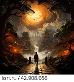 Fantastic landscape in oriental style. A man stands in the center of the frame, looking out at the grand view: a rising sun surrounded by planets and clouds against a backlit sky. Sunlit traditional oriental pagodas look mystical and sublime against the backdrop of high mountain peaks. Стоковое AI-изображение, AI-художник Анна Кривицкая / Фотобанк Лори