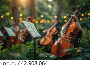 Orchestra with violins in the garden. Стоковое AI-изображение, AI-художник Анна Кривицкая / Фотобанк Лори