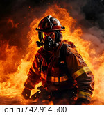 A male firefighter in a special outfit against the background of flames and clouds of black smoke. A rescuer on fire. A firefighter extinguishes the fire. Стоковое AI-изображение, AI-художник Photojuli / Фотобанк Лори
