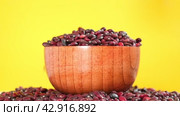 Kidney beans falling in wooden bowl on yellow background, slow motion. Dry red bean texture. Copy space. Lots of Beans rotating on turntable Close up. Diet, vegetarianism. Healthy Food. Legume grains. Стоковое видео, видеограф Марина Демидюк / Фотобанк Лори