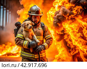 A male firefighter in special equipment against a background of flames and clouds of black smoke. A rescuer on fire. A firefighter rescued a puppy from the fire. Стоковое AI-изображение, AI-художник Photojuli / Фотобанк Лори
