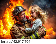 A male firefighter in special equipment against a background of flames and clouds of black smoke. A rescuer on fire. A firefighter rescued a beautiful little blonde girl from the fire. Стоковое AI-изображение, AI-художник Photojuli / Фотобанк Лори