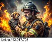 A male firefighter in special equipment against a background of flames and clouds of black smoke. A rescuer on fire. A firefighter rescued a puppy from the fire. Стоковое AI-изображение, AI-художник Photojuli / Фотобанк Лори