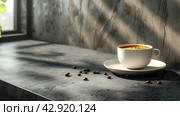 Чашка кофе на столе в кафе. Coffee cup and saucer rest on tableware in elegant display with copy space. Стоковое AI-изображение, AI-художник Katsiaryna Repich / Фотобанк Лори