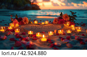 Candles and rose petals encircle on the beach at sunset by the Water and Sky. Стоковое AI-изображение, AI-художник Юрий Поздников / Фотобанк Лори