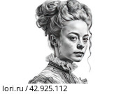 Black and white image of a woman in retro style, apparently from the Baroque or Rococo era. She wears a full dress with frills and a bow, indicating high social status in that era. Her hair is styled in a complex updo with curl. Стоковое AI-изображение, AI-художник Анна Кривицкая / Фотобанк Лори