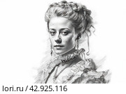 Black and white image of a woman in retro style, apparently from the Baroque or Rococo era. She wears a full dress with frills and a bow, indicating high social status in that era. Her hair is styled in a complex updo with curl. Стоковое AI-изображение, AI-художник Анна Кривицкая / Фотобанк Лори