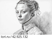 Black and white image of a woman in retro style, apparently from the Baroque or Rococo era. She wears a full dress with frills and a bow, indicating high social status in that era. Her hair is styled in a complex updo with curl. Стоковое AI-изображение, AI-художник Анна Кривицкая / Фотобанк Лори
