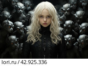 A girl with pale skin and platinum hair against the background of a crowd of identical dark figures of monsters with glowing eyes. The image evokes thoughts of the contrast between individuality and monotony, humanity and the impersonal mass. Стоковое AI-изображение, AI-художник Анна Кривицкая / Фотобанк Лори