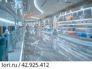 Interior interior of a modern cosmetics store with rows of neatly organized products displayed on illuminated shelves. The interior features clean lines, shiny marble floors with reflections and stylish lighting that creates a subdued atmosphere. The store appears spacious and empty, reinforcing the feeling of exclusivity and high quality of the products on offer. Стоковое AI-изображение, AI-художник Анна Кривицкая / Фотобанк Лори
