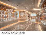 Interior interior of a modern cosmetics store with rows of neatly organized products displayed on illuminated shelves. The interior features clean lines, shiny marble floors with reflections and stylish lighting that creates a subdued atmosphere. The store appears spacious and empty, reinforcing the feeling of exclusivity and high quality of the products on offer. Стоковое AI-изображение, AI-художник Анна Кривицкая / Фотобанк Лори