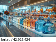 Interior interior of a modern cosmetics store with rows of neatly organized products displayed on illuminated shelves. The interior features clean lines, shiny marble floors with reflections and stylish lighting that creates a subdued atmosphere. The store appears spacious and empty, reinforcing the feeling of exclusivity and high quality of the products on offer. Стоковое AI-изображение, AI-художник Анна Кривицкая / Фотобанк Лори