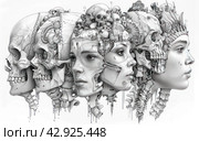 The monochrome drawing amazes with its complexity and detail. Features various skulls, human facial parts, and mechanical elements interwoven into one complex design. These fragments appear to be part of a larger head, creating a paradoxical sense of unity and rupture. The style is reminiscent of ancient scientific drawings, while simultaneously evoking fantasy and steampunk. Стоковое AI-изображение, AI-художник Анна Кривицкая / Фотобанк Лори