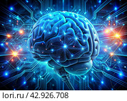 Digital technologies of the future. Artificial intelligence. The brain and digital codes on a virtual screen. The image was created using artificial intelligence. Стоковое AI-изображение, AI-художник Photojuli / Фотобанк Лори