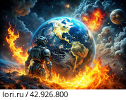 Digital technologies of the future. Artificial intelligence will destroy planet earth. Danger to humanity. The image was created using artificial intelligence. Стоковое AI-изображение, AI-художник Photojuli / Фотобанк Лори