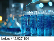 Modern Medical Research Laboratory. Scientific Lab Biotechnology. Equipment of that used in laboratories, hospitals, research labs, industry etc. Analysis of solvents, drugs, residues, pharmaceuticals. Стоковое AI-изображение, AI-художник Марина Демидюк / Фотобанк Лори
