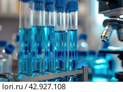 Modern Medical Research Laboratory. Scientific Lab Biotechnology. Equipment of that used in laboratories, hospitals, research labs, industry etc. Analysis of solvents, drugs, residues, pharmaceuticals. Стоковое AI-изображение, AI-художник Марина Демидюк / Фотобанк Лори