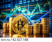 Cryptocurrency. Gold coins are bitcoins with the exchange rate on the virtual screen. An image created with the help of artificial intelligence. Стоковое AI-изображение, AI-художник Photojuli / Фотобанк Лори
