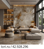 Modern living area with designer furniture and stylish interior. The room is decorated in warm, neutral colors, with beige and brown shades predominating. The floor and one of the walls are lined with marble with characteristic inclusions. Стоковое AI-изображение, AI-художник Анна Кривицкая / Фотобанк Лори