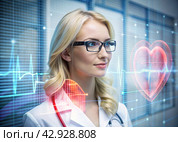 Medicine a young beautiful girl is a cardiologist with glasses in an office with a stethoscope. Red numeric codes in the form of a heart rhythm on a virtual screen. Digital technologies of the future. Стоковое AI-изображение, AI-художник Photojuli / Фотобанк Лори
