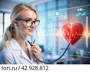 Medicine a young beautiful girl is a cardiologist with glasses in an office with a stethoscope. Red numeric codes in the form of a heart rhythm on a virtual screen. Digital technologies of the future. Стоковое AI-изображение, AI-художник Photojuli / Фотобанк Лори