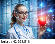 Medicine a young beautiful girl is a cardiologist with glasses in an office with a stethoscope. Red numeric codes in the form of a heart rhythm on a virtual screen. Digital technologies of the future. Стоковое AI-изображение, AI-художник Photojuli / Фотобанк Лори