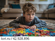 A child with autism spectrum disorders (ASD) such as Asperger's, Rhett and Heller. Стоковое AI-изображение, AI-художник Ирина Ручушкина / Фотобанк Лори