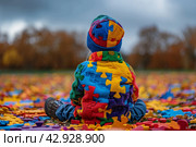 A child with autism spectrum disorders (ASD) such as Asperger's, Rhett and Heller. Стоковое AI-изображение, AI-художник Ирина Ручушкина / Фотобанк Лори