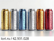 Realistic aluminum cans with water drops. Metallic cans for beer, soda, lemonade, juice, energy drink. mockup, blank with copy space. Стоковое AI-изображение, AI-художник Ирина Михайличенко / Фотобанк Лори