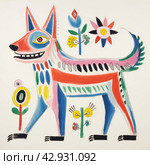 An abstract, vibrant and cartoonish drawing of a wolf with incongruous body sizes and shapes. The dog's head is depicted with large, multi-colored and asymmetrical eyes. Стоковое AI-изображение, AI-художник Анна Кривицкая / Фотобанк Лори