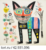 An abstract, vibrant and cartoonish drawing of a wolf with incongruous body sizes and shapes. The dog's head is depicted with large, multi-colored and asymmetrical eyes. Стоковое AI-изображение, AI-художник Анна Кривицкая / Фотобанк Лори