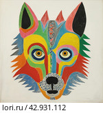An abstract, vibrant and cartoonish drawing of a wolf with incongruous body sizes and shapes. The dog's head is depicted with large, multi-colored and asymmetrical eyes. Стоковое AI-изображение, AI-художник Анна Кривицкая / Фотобанк Лори