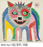 An abstract, vibrant and cartoonish drawing of a wolf with incongruous body sizes and shapes. The dog's head is depicted with large, multi-colored and asymmetrical eyes. Стоковое AI-изображение, AI-художник Анна Кривицкая / Фотобанк Лори