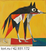 An abstract, vibrant and cartoonish drawing of a wolf with incongruous body sizes and shapes. The dog's head is depicted with large, multi-colored and asymmetrical eyes. Стоковое AI-изображение, AI-художник Анна Кривицкая / Фотобанк Лори