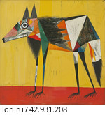 An abstract, vibrant and cartoonish drawing of a wolf with incongruous body sizes and shapes. The dog's head is depicted with large, multi-colored and asymmetrical eyes. Стоковое AI-изображение, AI-художник Анна Кривицкая / Фотобанк Лори