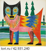 An abstract, vibrant and cartoonish drawing of a wolf with incongruous body sizes and shapes. The dog's head is depicted with large, multi-colored and asymmetrical eyes. Стоковое AI-изображение, AI-художник Анна Кривицкая / Фотобанк Лори