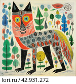 An abstract, vibrant and cartoonish drawing of a wolf with incongruous body sizes and shapes. The dog's head is depicted with large, multi-colored and asymmetrical eyes. Стоковое AI-изображение, AI-художник Анна Кривицкая / Фотобанк Лори