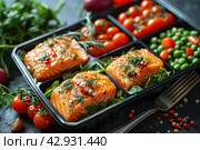 proper nutrition healthy food catering delivery. Ready made healthy food menu in lunch boxes with fish and vegetable packages as daily courier delivery diet plan. Стоковое AI-изображение, AI-художник Ирина Михайличенко / Фотобанк Лори