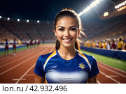 Cheerleaders at stadium. Portrait of beautiful young sportswoman in sportswear on stadium. Стоковое AI-изображение, AI-художник Tae Mi / Фотобанк Лори