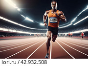 African american male athlete running on track in stadium. Стоковое AI-изображение, AI-художник Tae Mi / Фотобанк Лори