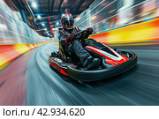a male kart racer drives quickly along the autodrome track, blurred background. Стоковое AI-изображение, AI-художник Александр Довянский / Фотобанк Лори