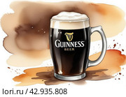 Guinness beer mug in watercolor style on white background. Стоковое AI-изображение, AI-художник Александр Довянский / Фотобанк Лори