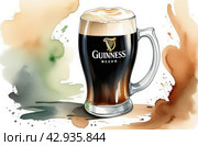 Guinness beer mug in watercolor style on white background. Стоковое AI-изображение, AI-художник Александр Довянский / Фотобанк Лори