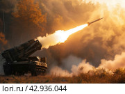 firing from an artillery multiple launch rocket system. Стоковое AI-изображение, AI-художник Александр Довянский / Фотобанк Лори