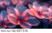 Abstract flowers filled with inner light and surrounded by luminous particles. Flower petals are created from a translucent substance, allowing internal light to softly shine through them, creating a feeling of depth and volume. Стоковое AI-изображение, AI-художник Анна Кривицкая / Фотобанк Лори