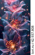 Abstract flowers filled with inner light and surrounded by luminous particles. Flower petals are created from a translucent substance, allowing internal light to softly shine through them, creating a feeling of depth and volume. Стоковое AI-изображение, AI-художник Анна Кривицкая / Фотобанк Лори