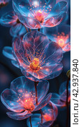 Abstract flowers filled with inner light and surrounded by luminous particles. Flower petals are created from a translucent substance, allowing internal light to softly shine through them, creating a feeling of depth and volume. Стоковое AI-изображение, AI-художник Анна Кривицкая / Фотобанк Лори